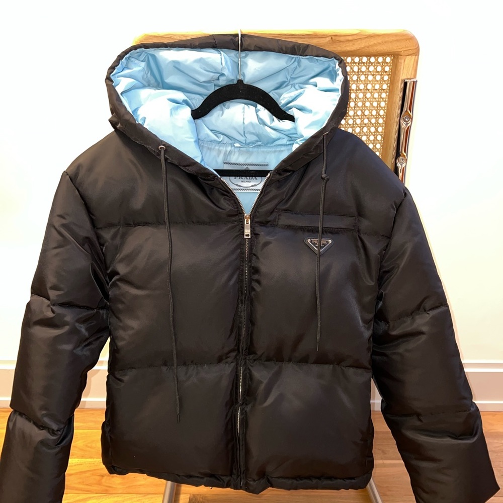 Prada Re-Nylon Down Puffer Coat, Black Size 40